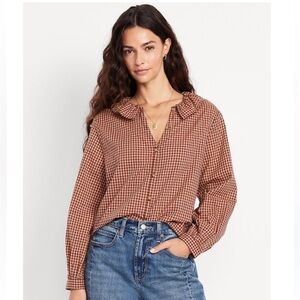 Old Navy Button Down Plaid Ruffle Shirt Blouse, Size XL, NWT